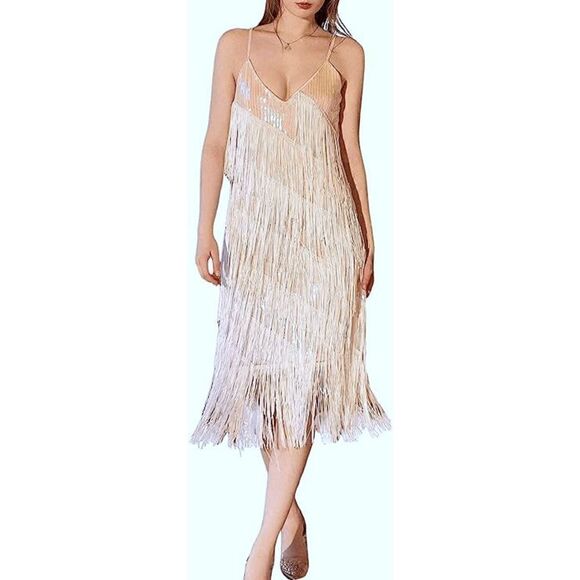 Sexy Sequin Tassel Slip 1920s Flapper Great Gatsby White Party Dress NEW - Picture 1 of 10